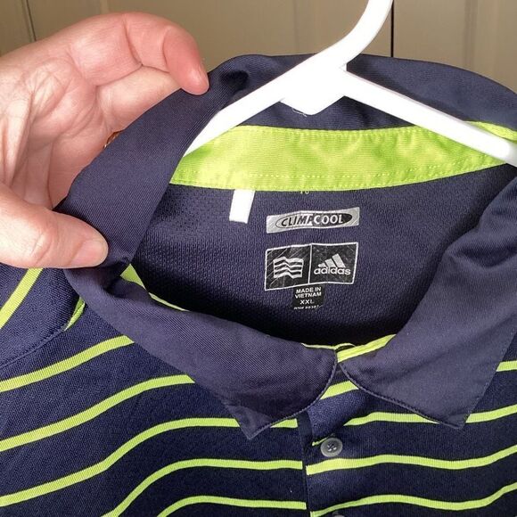 Mens Adidas Climacool Golf Polo striped 2XL navy Blue & Lime Green - Picture 2 of 2